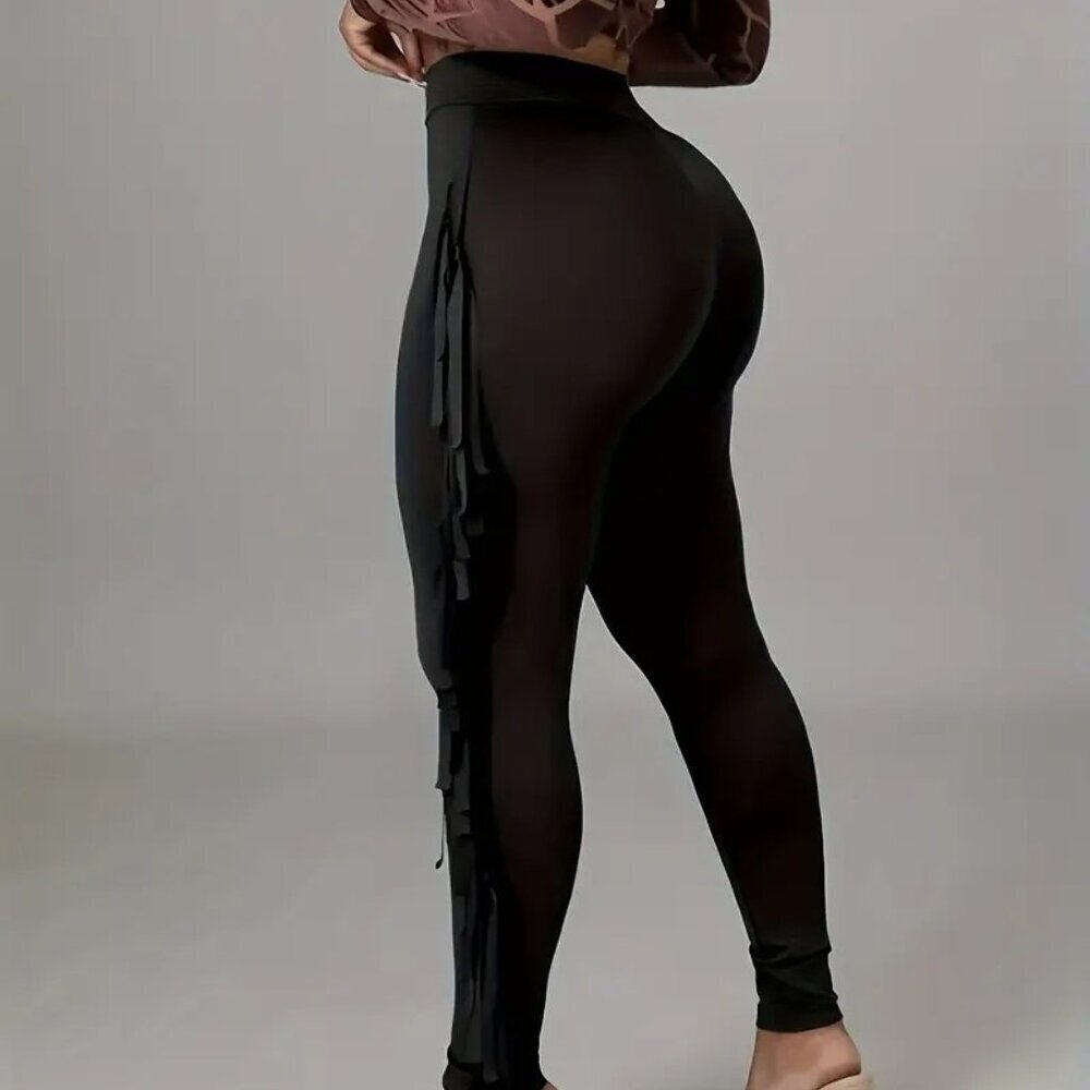 Black High-Waisted Slim-Fit Tassel Pants (Size: XXL) - Picture 4 of 5